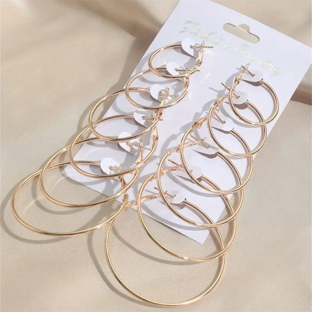6 Pair Gold Colored Hoop Earrings
